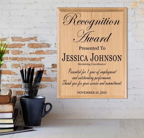 Recognition Plaque - Custom Appreciation Award Gift - Promotion, Retirement, or Achievement - Solid Wood