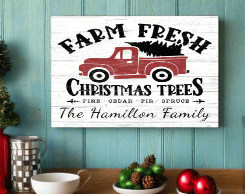 Personalized Red Truck Fresh Christmas Trees Sign - Custom Family Name Holiday Decoration