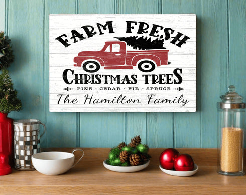 Personalized Red Truck Fresh Christmas Trees Sign - Custom Family Name Holiday Decoration