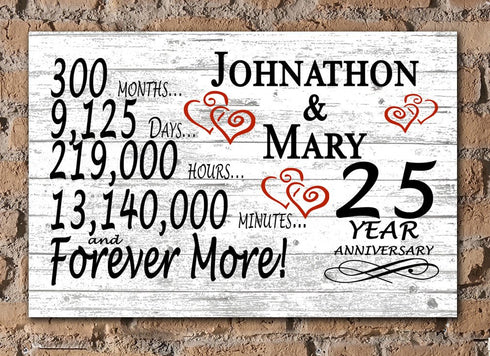 Solid Wood 25 Year Anniversary Gift Personalized Names for Couples