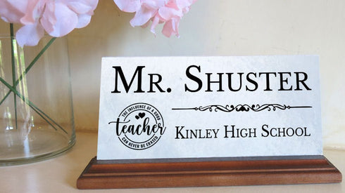 Teacher Desk Nameplate – Personalized Marble Name Plaque with School Name & Badge Design