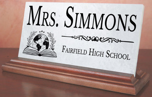 Teacher Desk Nameplate – Custom Marble Plaque with Name & School