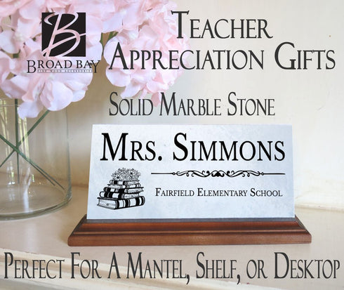 Personalized Teacher Desk Nameplate – Custom Marble Gift with Name & School