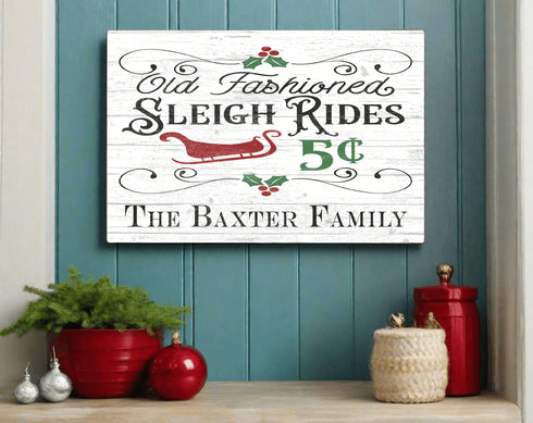 Personalized Vintage Sleigh Rides Christmas Sign - Custom Family Name Holiday Decoration