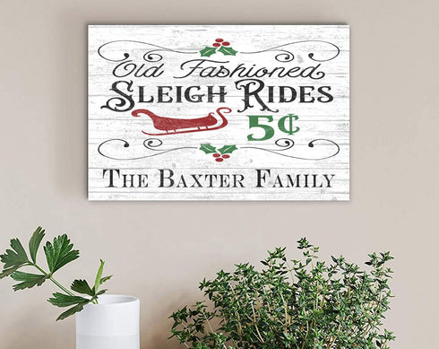 Personalized Vintage Sleigh Rides Christmas Sign - Custom Family Name Holiday Decoration
