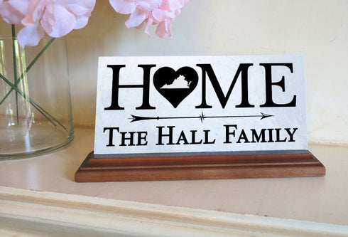 Virginia Home Marble Desk Sign – Personalized Family Name Plaque With Heart & State Outline