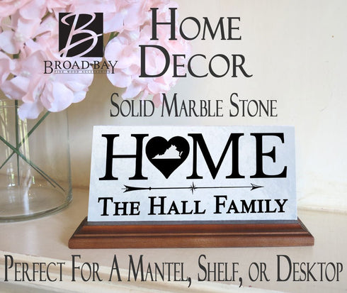 Virginia Home Marble Desk Sign – Personalized Family Name Plaque With Heart & State Outline