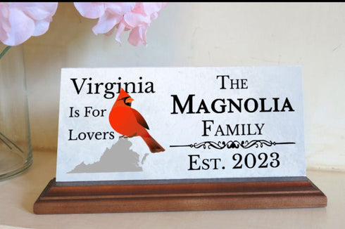 Custom Virginia Family Name Sign – “Virginia Is For Lovers” Marble Plaque With Cardinal