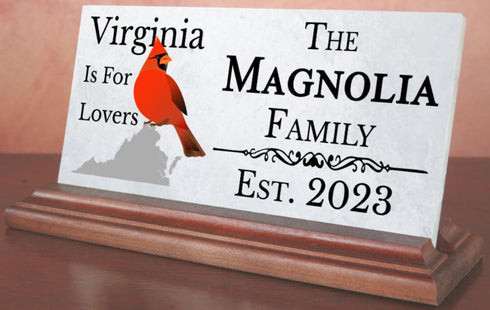 Custom Virginia Family Name Sign – “Virginia Is For Lovers” Marble Plaque With Cardinal