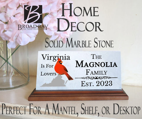 Custom Virginia Family Name Sign – “Virginia Is For Lovers” Marble Plaque With Cardinal