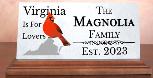 Custom Virginia Family Name Sign – “Virginia Is For Lovers” Marble Plaque With Cardinal