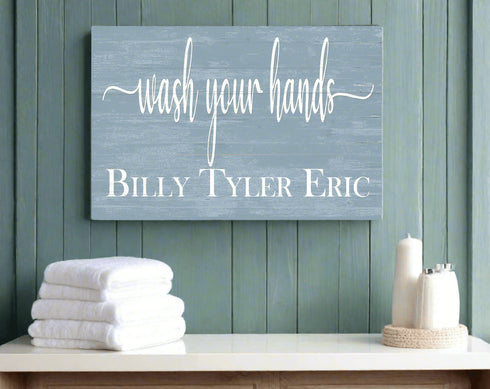 Wash Your Hands Bathroom Sign with Kids Names Personalized Farmhouse Style