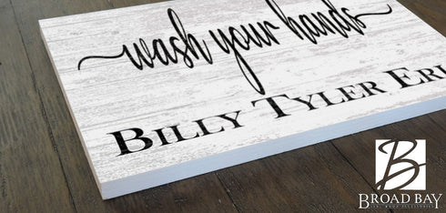 Wash Your Hands Bathroom Sign with Kids Names Personalized Farmhouse Style