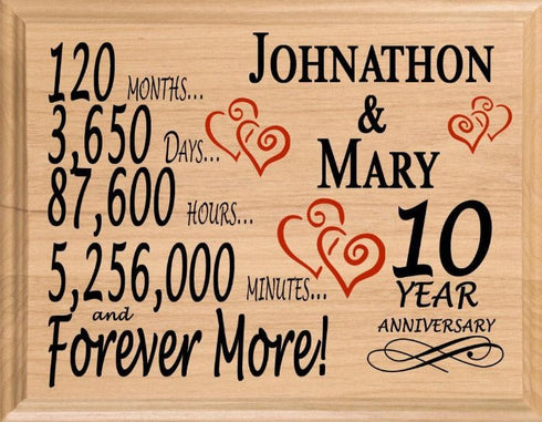 10th Anniversary Gift - Personalized Wood Plaque for Husband, Wife or Couple - 10 Year