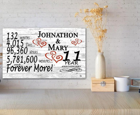 Personalized 11 Year Anniversary Gift – Custom Couple’s Names | Solid Wood “Forever More” Countdown Sign