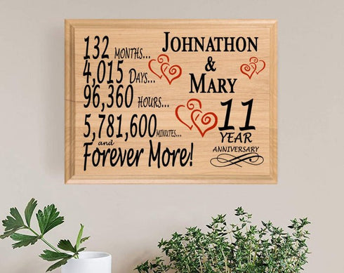 11th Anniversary Gift - Personalized Wood Plaque for Husband, Wife or Couple - 11 Year