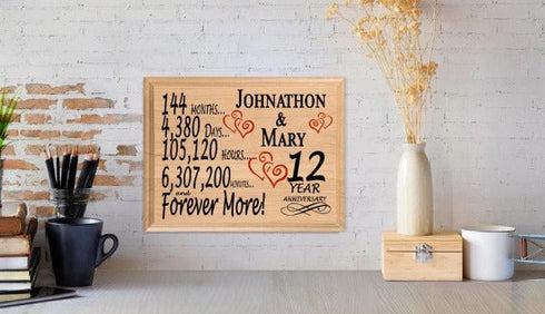 12th Anniversary Gift - Personalized Wood Plaque for Husband, Wife or Couple - 12 Year