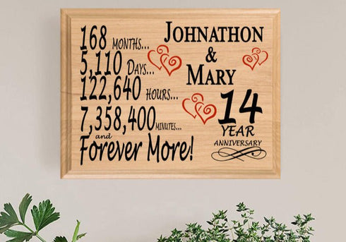14th Anniversary Gift - Personalized Wood Plaque for Husband, Wife or Couple - 14 Year