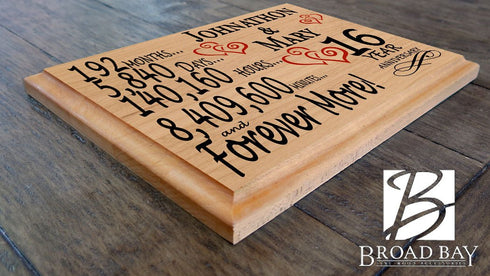 16th Anniversary Gift - Personalized Wood Plaque for Husband, Wife or Couple - 16 Year