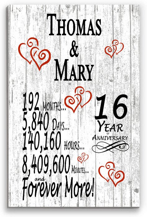 16 Year Anniversary Gift – Personalized 16th Anniversary Plaque with Custom Names