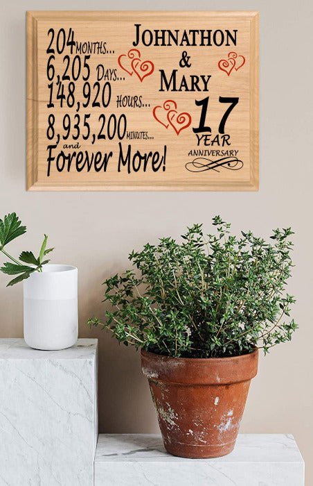 17th Anniversary Gift - Personalized Wood Plaque for Husband, Wife or Couple - 17 Year