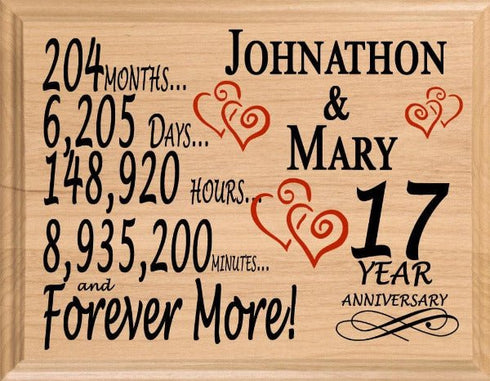 17th Anniversary Gift - Personalized Wood Plaque for Husband, Wife or Couple - 17 Year