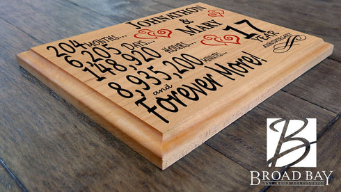 17th Anniversary Gift - Personalized Wood Plaque for Husband, Wife or Couple - 17 Year