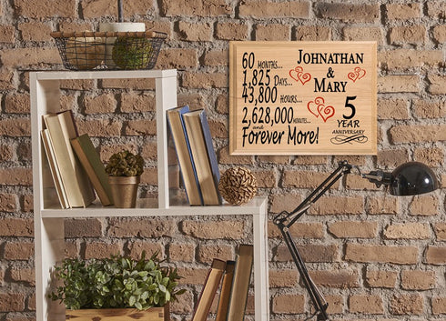 Personalized 5th Anniversary Gift – 5 Year Traditional Present - Custom Wood Keepsake for Husband, Wife, or Couple