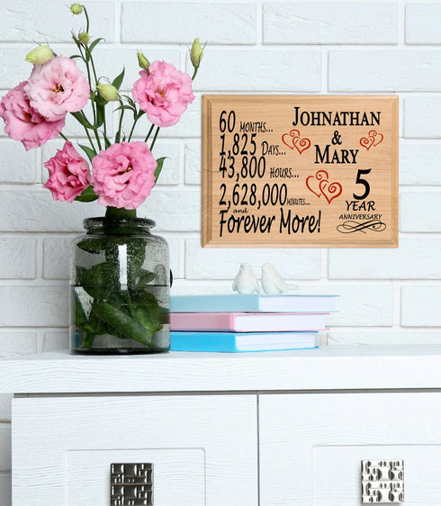 Personalized 5th Anniversary Gift – 5 Year Traditional Present - Custom Wood Keepsake for Husband, Wife, or Couple