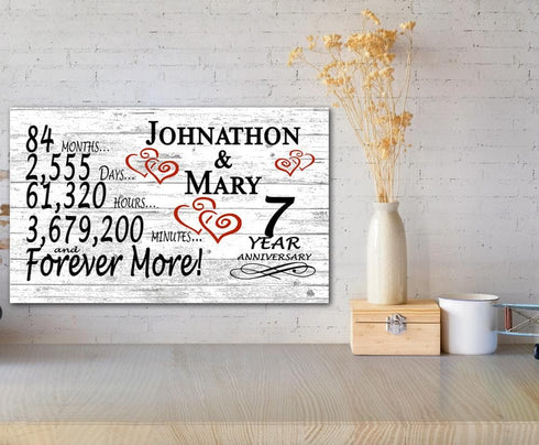 Personalized 7 Year Anniversary Gift Sign – Custom Names | Solid Wood Romantic Countdown Plaque