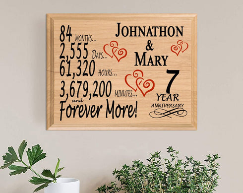 7th Anniversary Gift - Personalized Wood Plaque for Husband, Wife or Couple - 7 Year