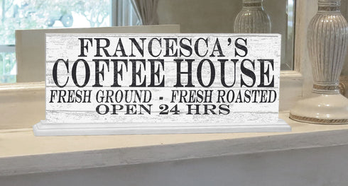 Coffee House Open 24 Hours Sign - Personalized Custom Name Coffee Bar Solid Wood