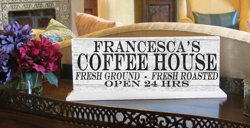 Coffee House Open 24 Hours Sign - Personalized Custom Name Coffee Bar Solid Wood