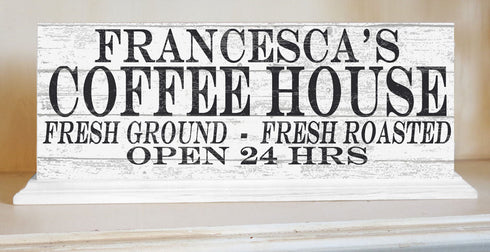 Coffee House Open 24 Hours Sign - Personalized Custom Name Coffee Bar Solid Wood