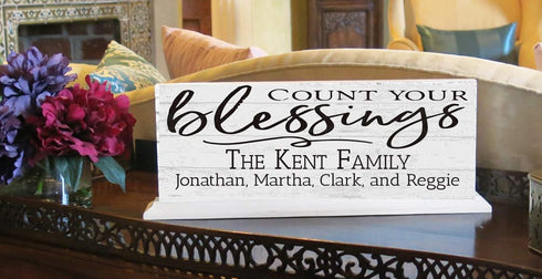 Count Your Blessings Family Name Mantel Sign - SOLID WOOD 16.5in x 6in