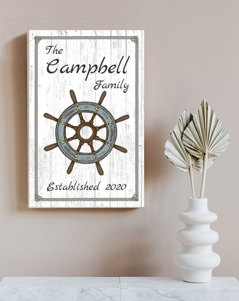 Custom Beach House Sign - Family Name & Established Date - Personalized Nautical Ship Wheel