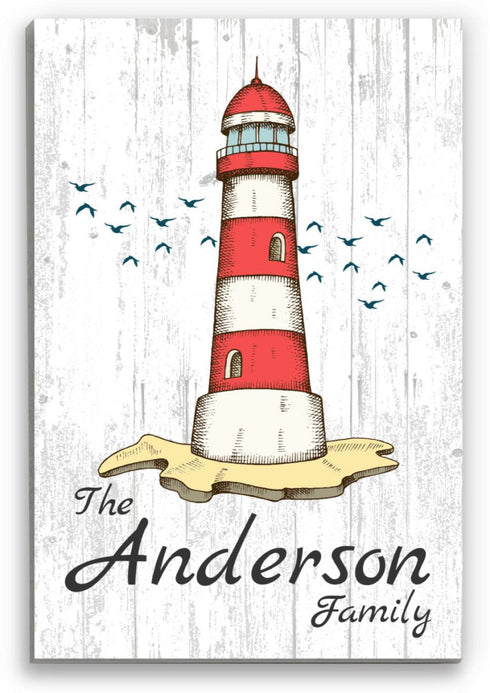 Custom Beach House Sign - Lighthouse Design with Personalized Family Name - Solid Wood