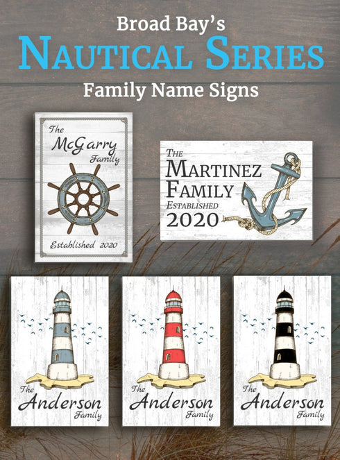 Custom Beach House Sign - Lighthouse Design with Personalized Family Name - Solid Wood