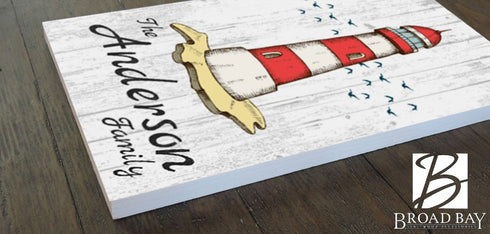 Custom Beach House Sign - Lighthouse Design with Personalized Family Name - Solid Wood