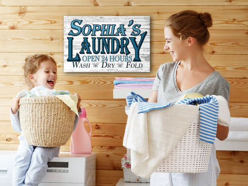 Custom Laundry Room Sign Open 24 Hours Wash Dry Fold Vintage Wall Art