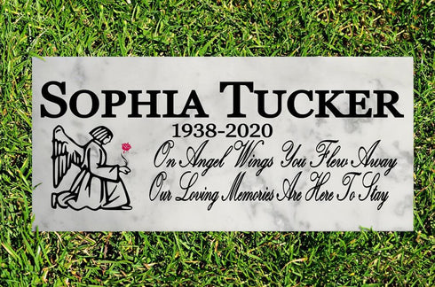 Custom Loved One Memorial Plaque - Solid Marble 12in x 6in - On Angel Wings You Flew Away