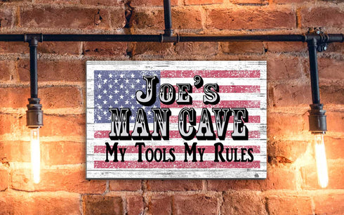 Custom Man Cave Sign – Personalized American Flag Wall Art with Name & Saying | Gift for Men, Dad, Husband, or Grandpa