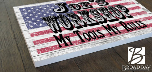 Custom Workshop Sign – Personalized American Flag Wall Art with Name & Saying | Gift for Dad, Husband, or Handyman