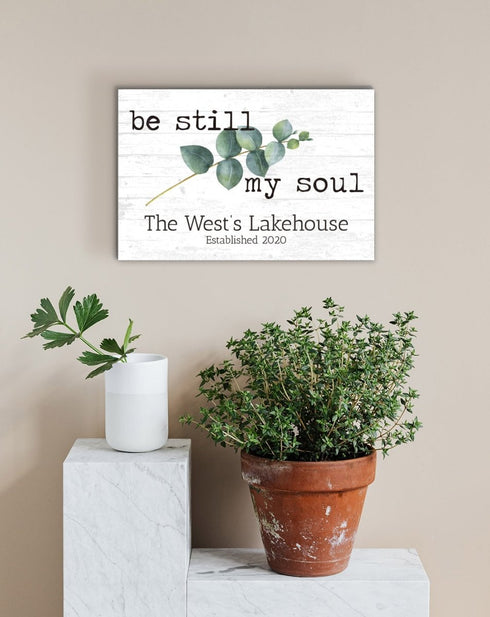 Family Name Sign Personalized Gift Farmhouse Decor "Be Still My Soul" Wood Quote Wall Art - 16.5" x 10.5"