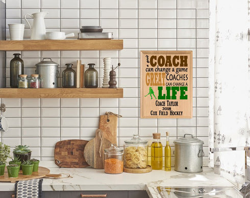 Custom Field Hockey Coach Gift – Personalized Wood Plaque with Name & Year – “Great Coaches Change Lives” – Solid Wood – USA Made – 11x8.5