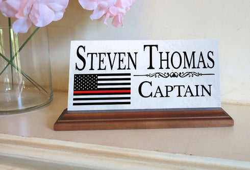 Firefighter Nameplate Gift - Thin Red Line Flag Custom Desk Name Plate - Graduation or Promotion Gift