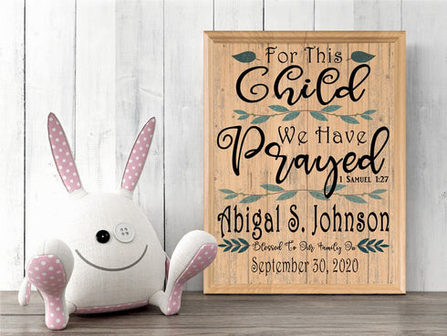 For This Child We Have Prayed Sign Personalized Plaque Birth Keepsake