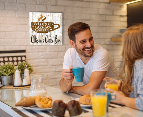 Kitchen Coffee Bar Sign Custom Name - Start with Coffee Saying