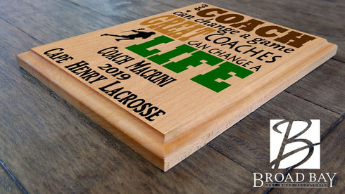 Custom Lacrosse Coach Gift – Personalized Wood Plaque with Name & Year – “Great Coaches Change Lives” – Solid Wood – USA Made – 11x8.5
