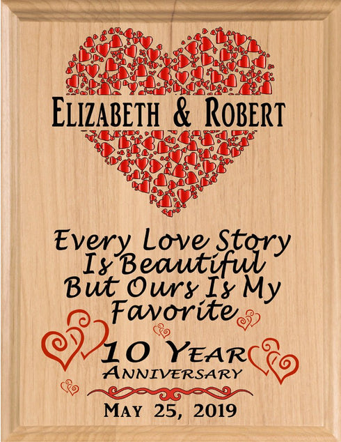 10 Year Anniversary Gift – Personalized Plaque with “Every Love Story Is Beautiful” Inscription